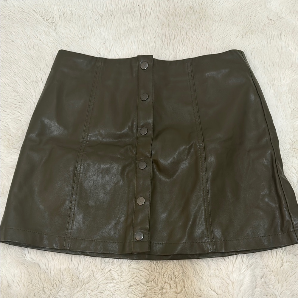 Olive Button-Front Leather Skirt